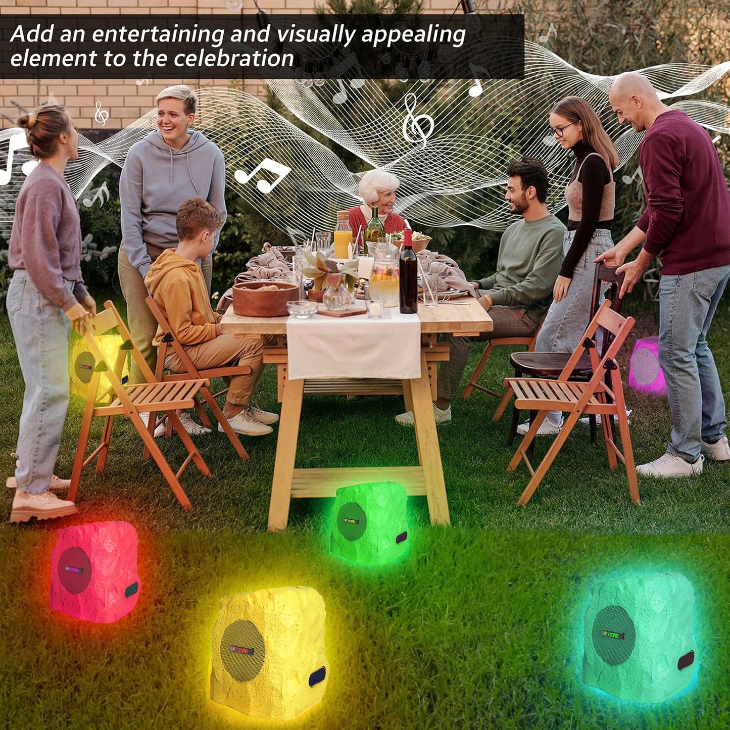 5 Core Outdoor Bluetooth Wireless Rock Speaker TWS Patio Garden Speakers Rechargeable w LED 1/2/4 Pc Brown-10