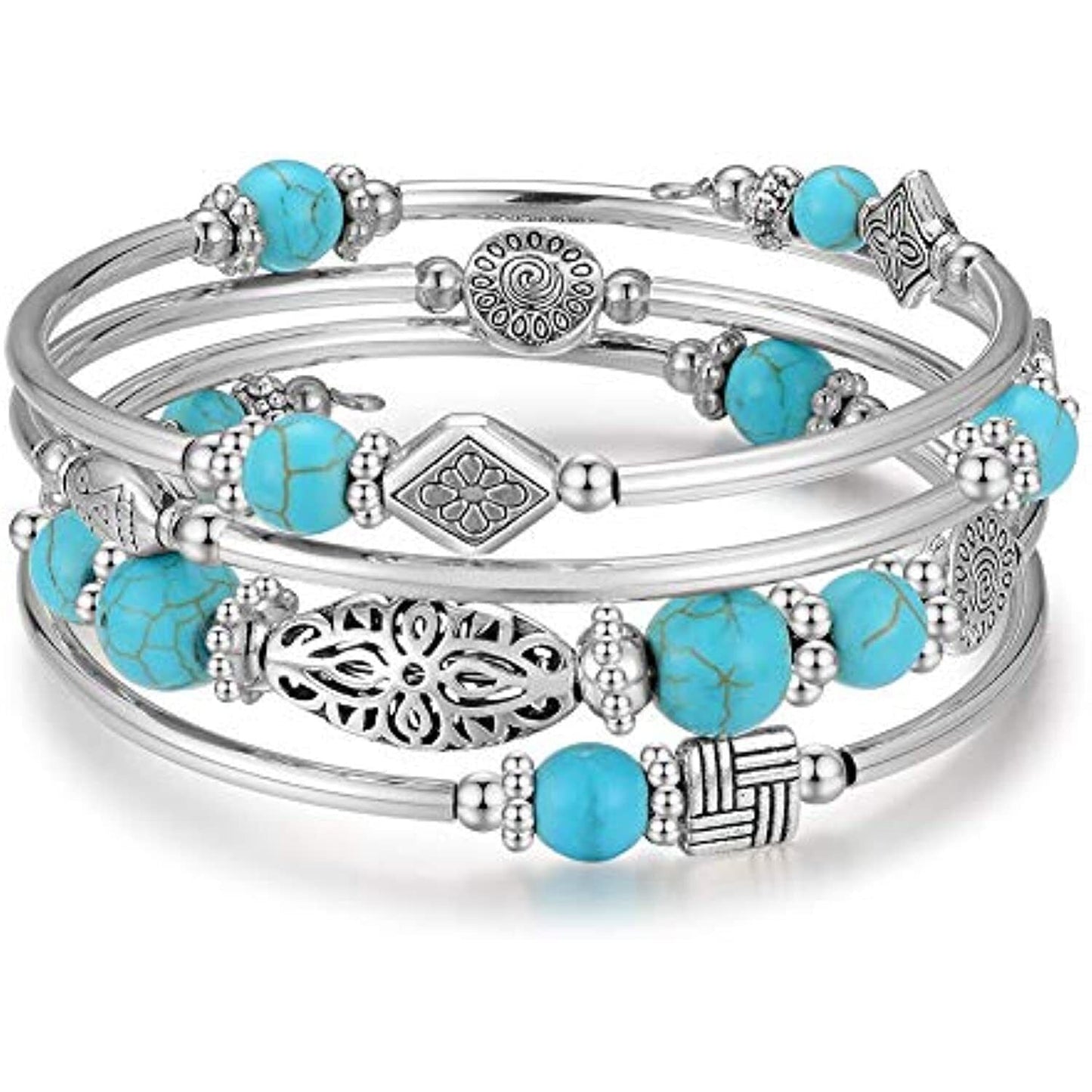 BULINLIN Layered Wrap Bangle Turquoise Bracelet - Bead Bracelet with Natural