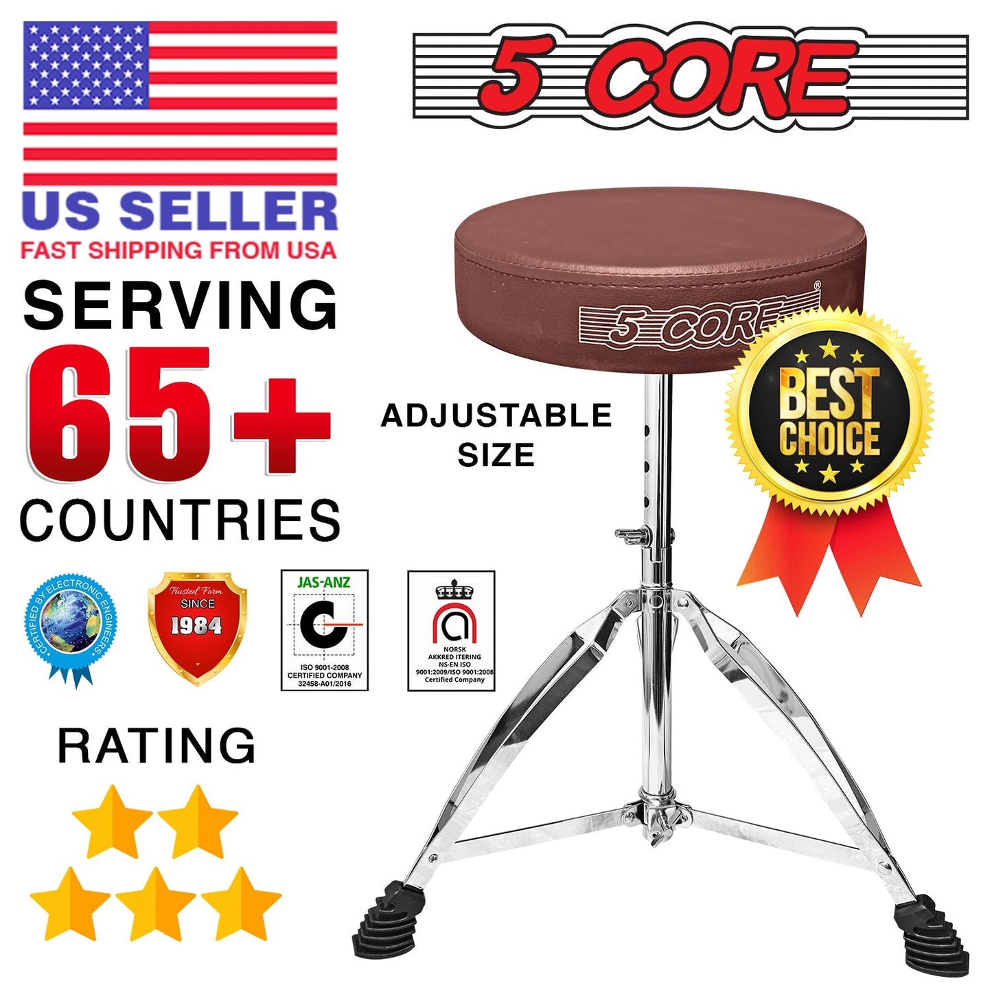 5Core Drum Throne Guitar Stool Thick Padded Drummers Chair Piano Seat Chrome Brown-13