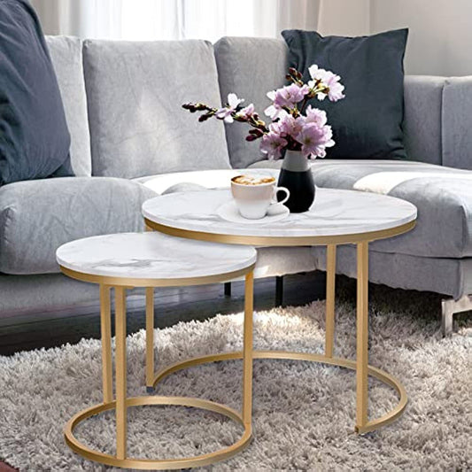 aboxoo Coffee Table Nesting White Set of 2 Side Set Golden Frame Circular and