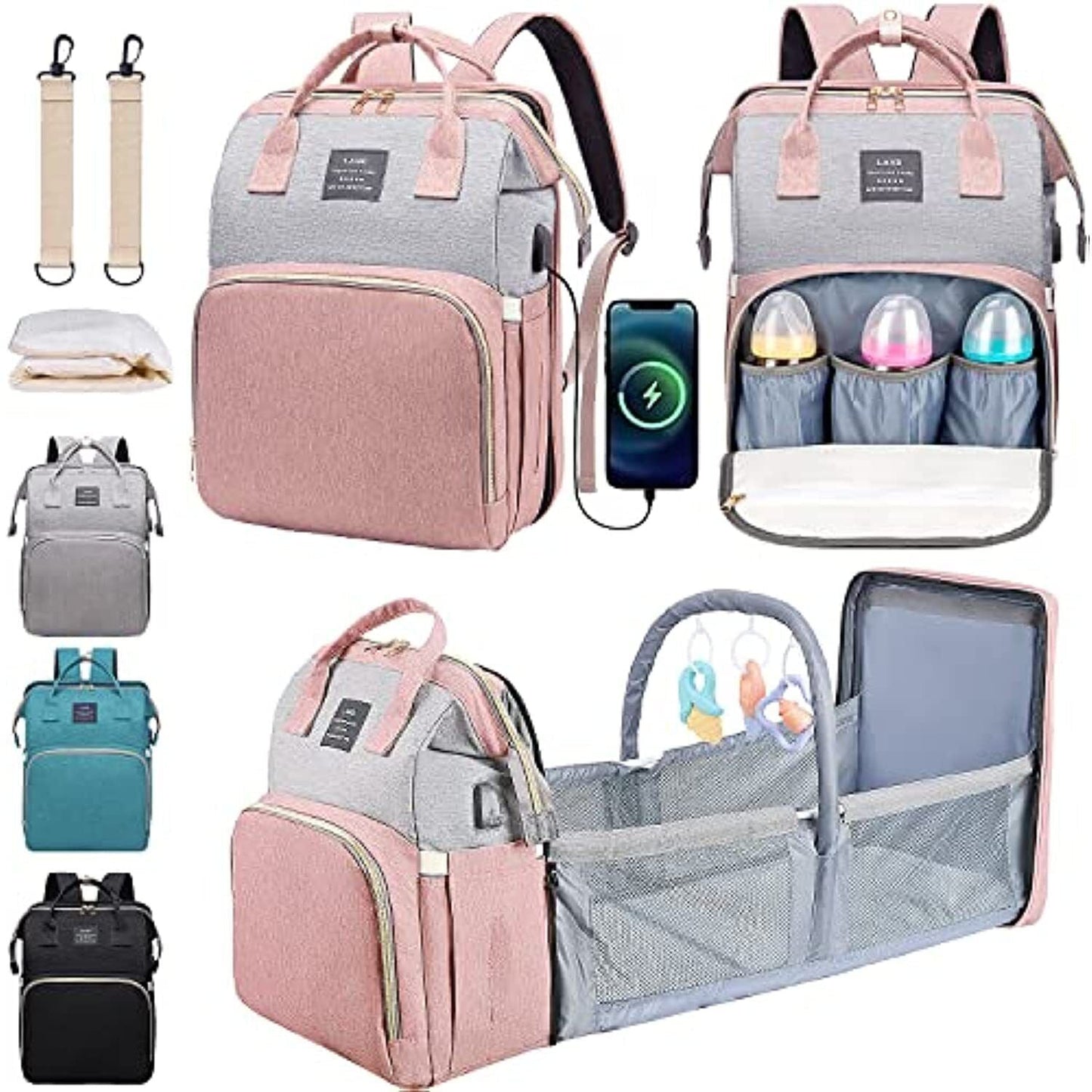 Diaper Bag Backpack, Baby Bag Diaper Bag with Changing Station & Toy Bar, Baby