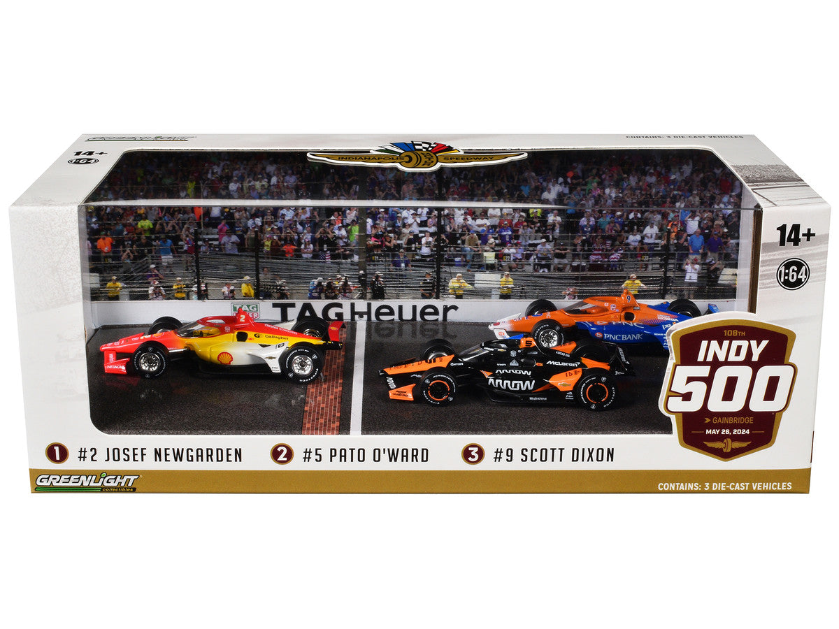 "108th Indianapolis 500" (2024) Podium Set of 3 IndyCars 1/64 Diecast Model Cars by Greenlight-0