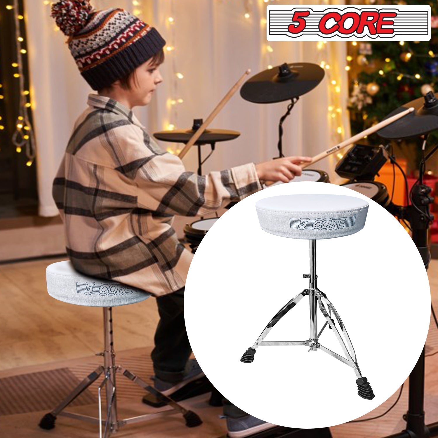 5Core Drum Throne Guitar Stool Thick Padded Drummers Chair Piano Seat Chrome White-16