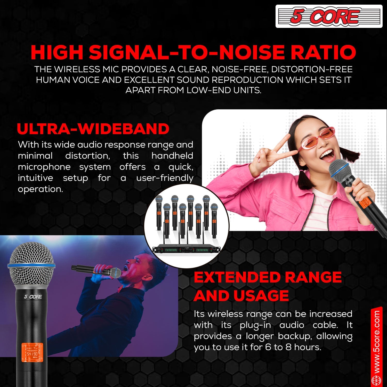 5 Core Wireless Microphone System 8 Channel UHF Portable Receiver w 8 Cordless Dynamic Mic 492F Range-11