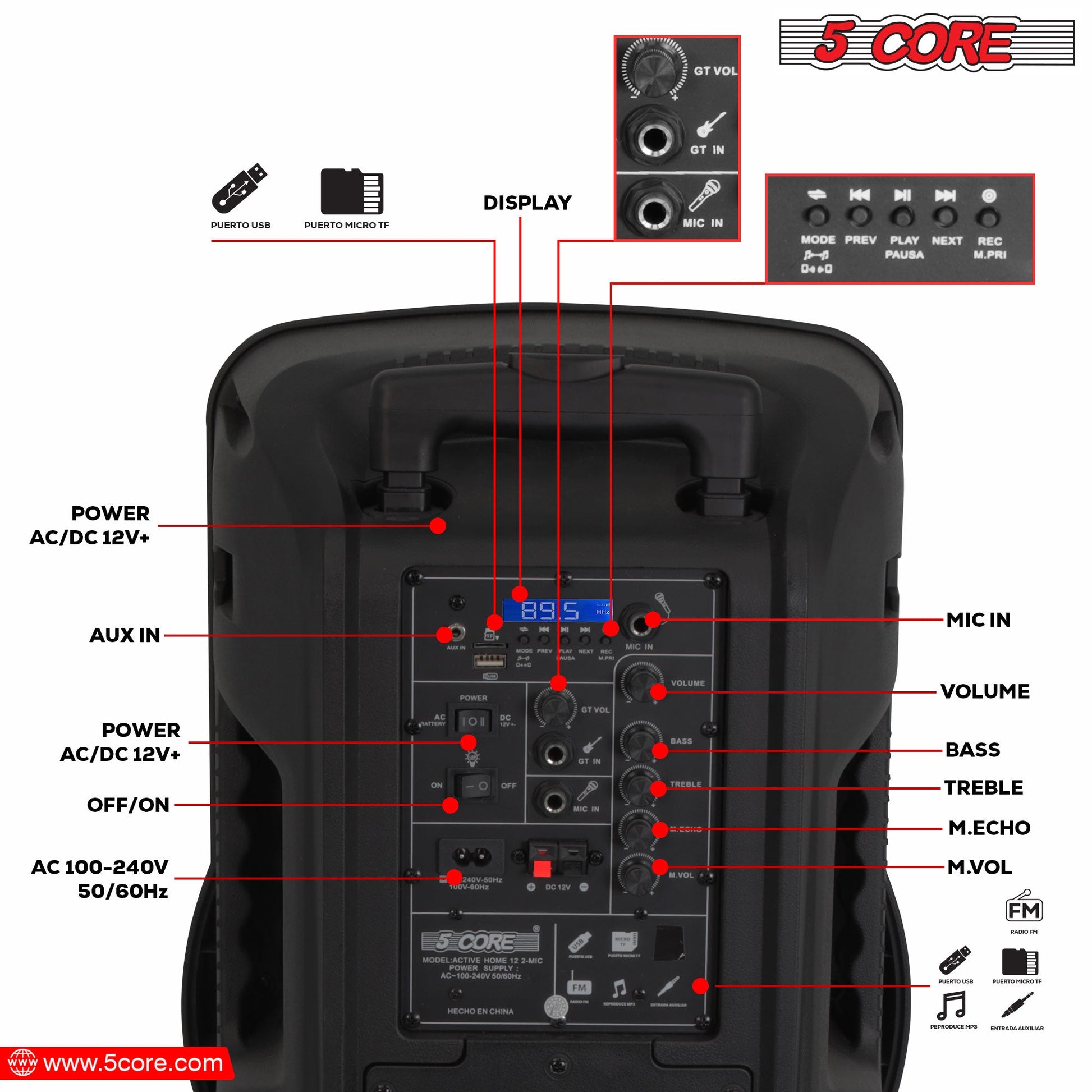 5 Core DJ Speakers 12" Rechargeable Powered PA System 250W Loud Speaker - ACTIVE HOME 12 2-MIC-2