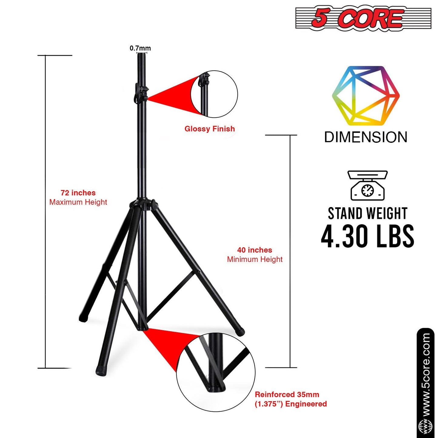 5Core Speaker Stand Tripod Tall Adjustable 35mm DJ Studio Monitor Stands Pole Mount-2