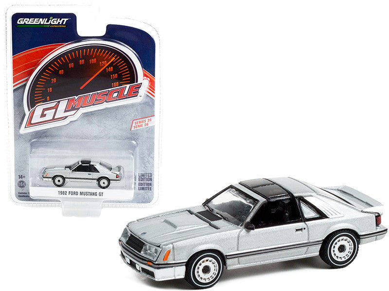 1982 Ford Mustang GT 5.0 Silver Metallic with Black Stripes "Greenlight Muscle" Series 26 1/64 Diecast Model Car by Greenlight-0