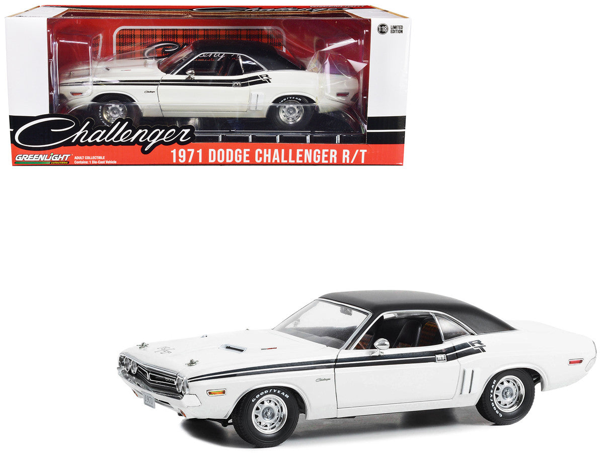 1971 Dodge Challenger R/T Bright White with Black Stripes and Top 1/18 Diecast Model Car by Greenlight-0