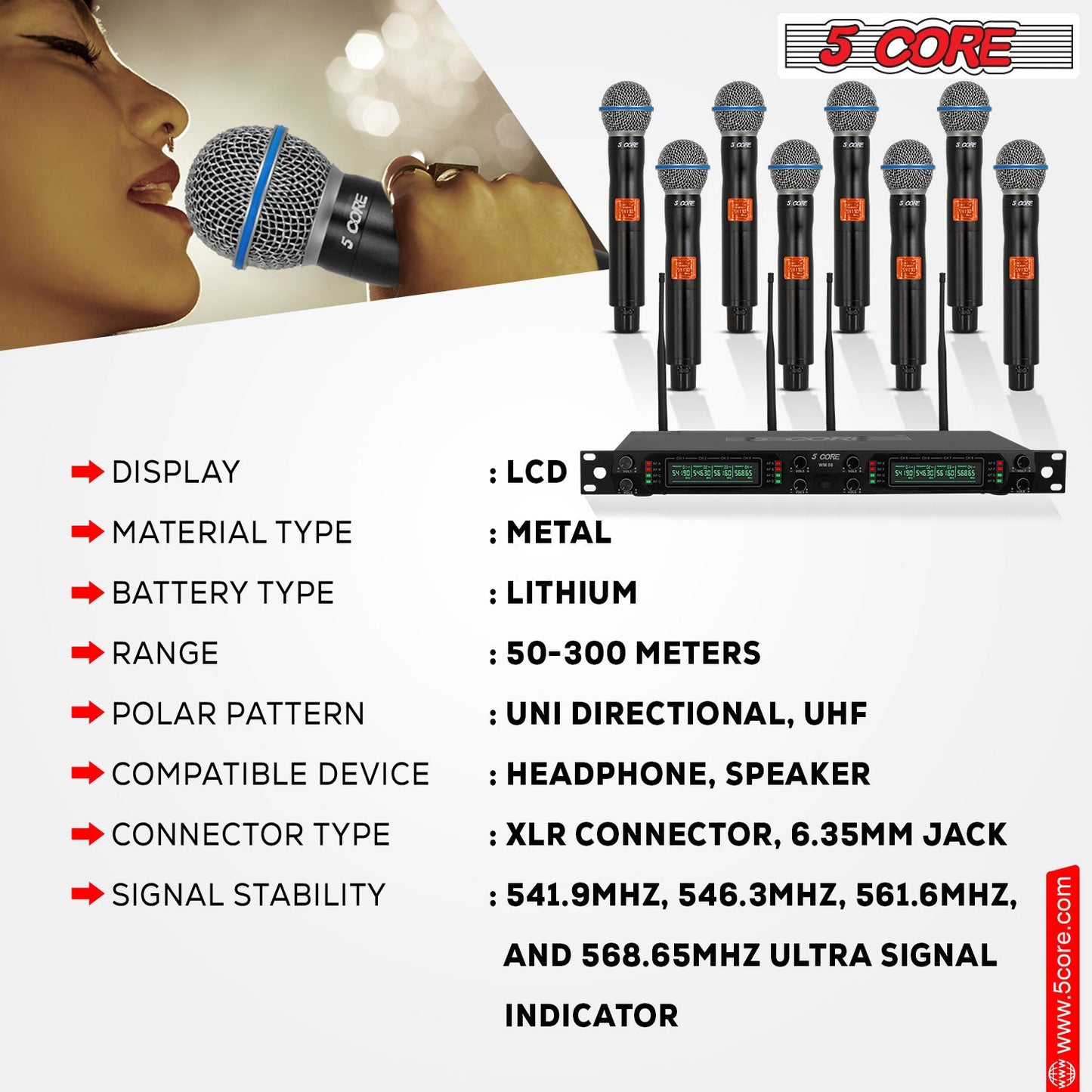 5 Core Wireless Microphone System 8 Channel UHF Portable Receiver w 8 Cordless Dynamic Mic 492F Range-12