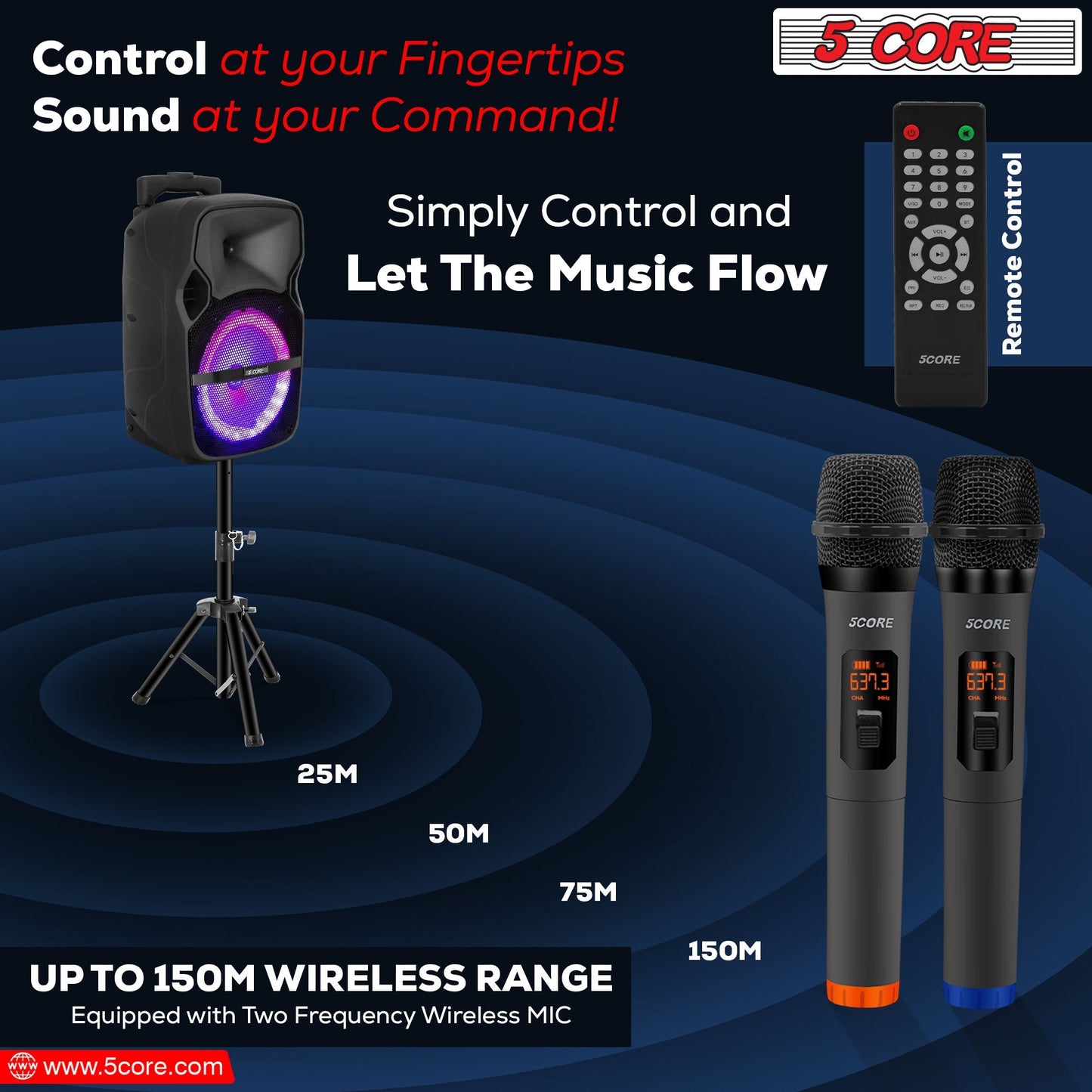 5 Core DJ Speakers 8" Rechargeable Powered PA System 250W Loud Speaker - Active Home 8 2-MIC-13