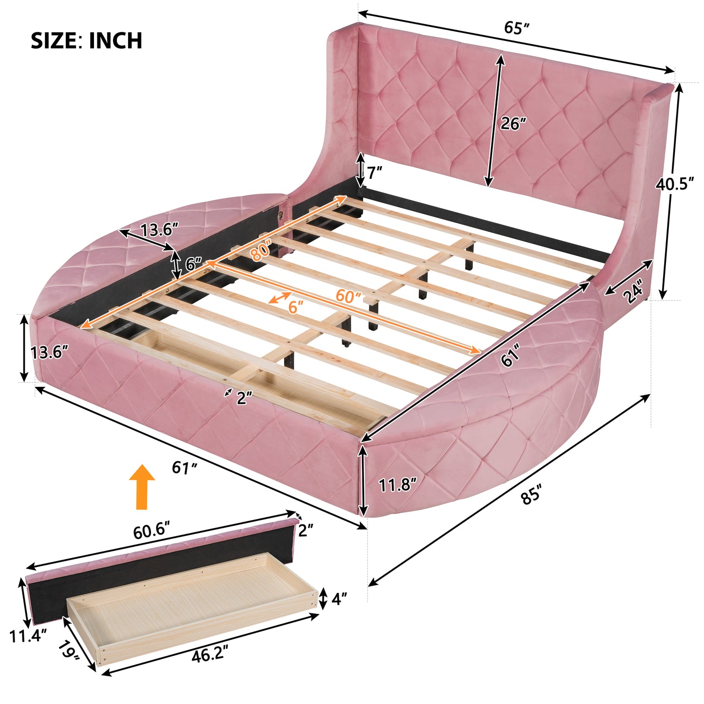 Upholstered Platform Bed Queen Size Storage Velvet Bed with Wingback Headboard and 1 Big Drawer,2 Side Storage Stool(Pink)