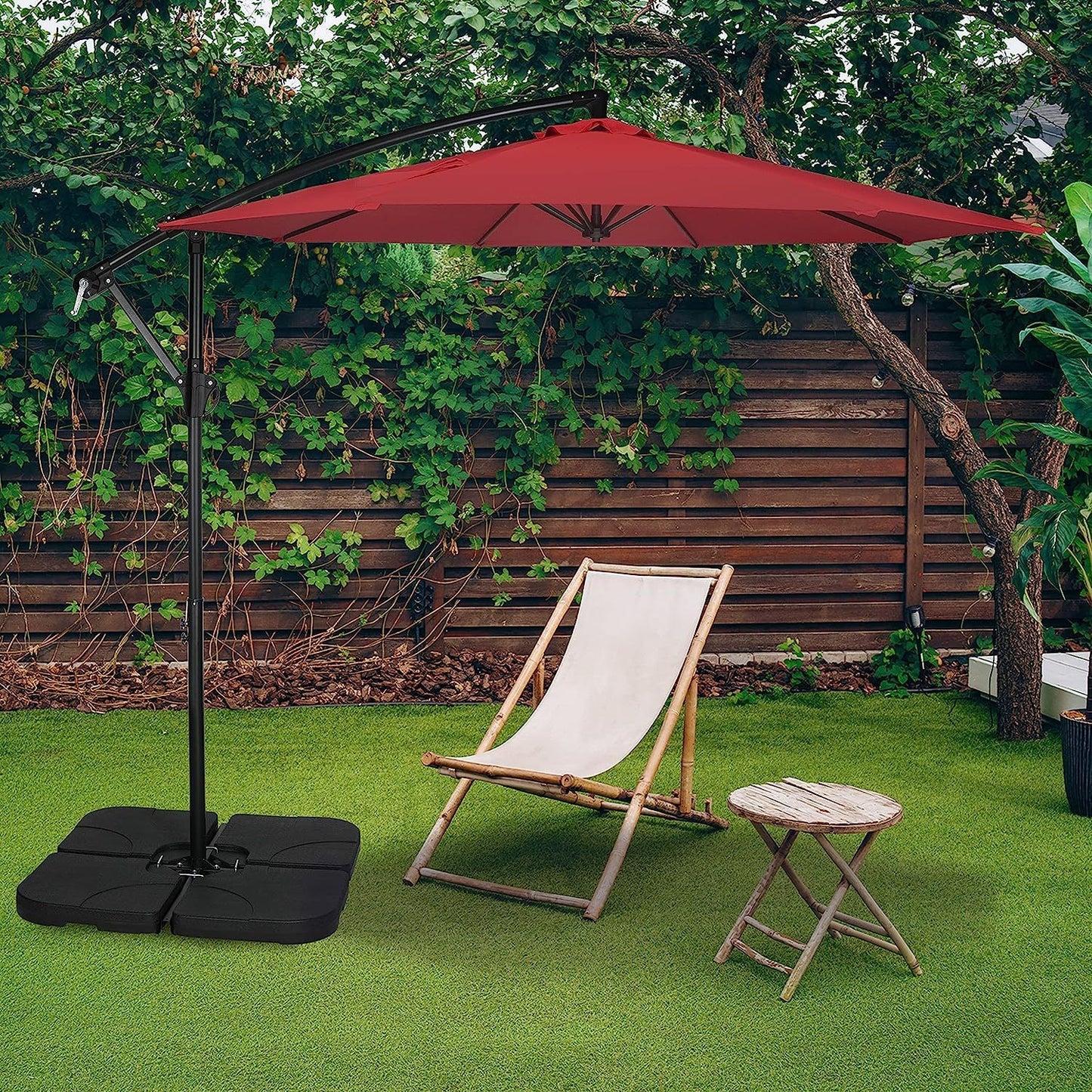 10ft Offset Umbrella Cantilever Patio Hanging Umbrella Outdoor Market Umbrella with Crank & Cross Base Suitable for Garden, Lawn, backyard and Deck, Red