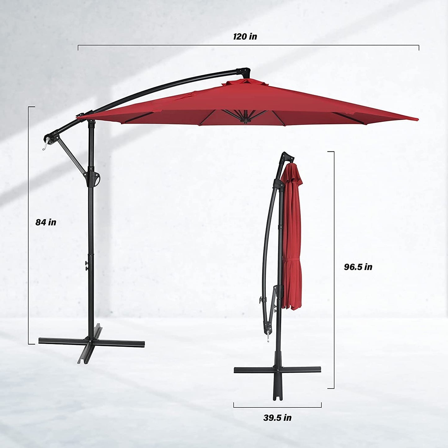 10ft Offset Umbrella Cantilever Patio Hanging Umbrella Outdoor Market Umbrella with Crank & Cross Base Suitable for Garden, Lawn, backyard and Deck, Red