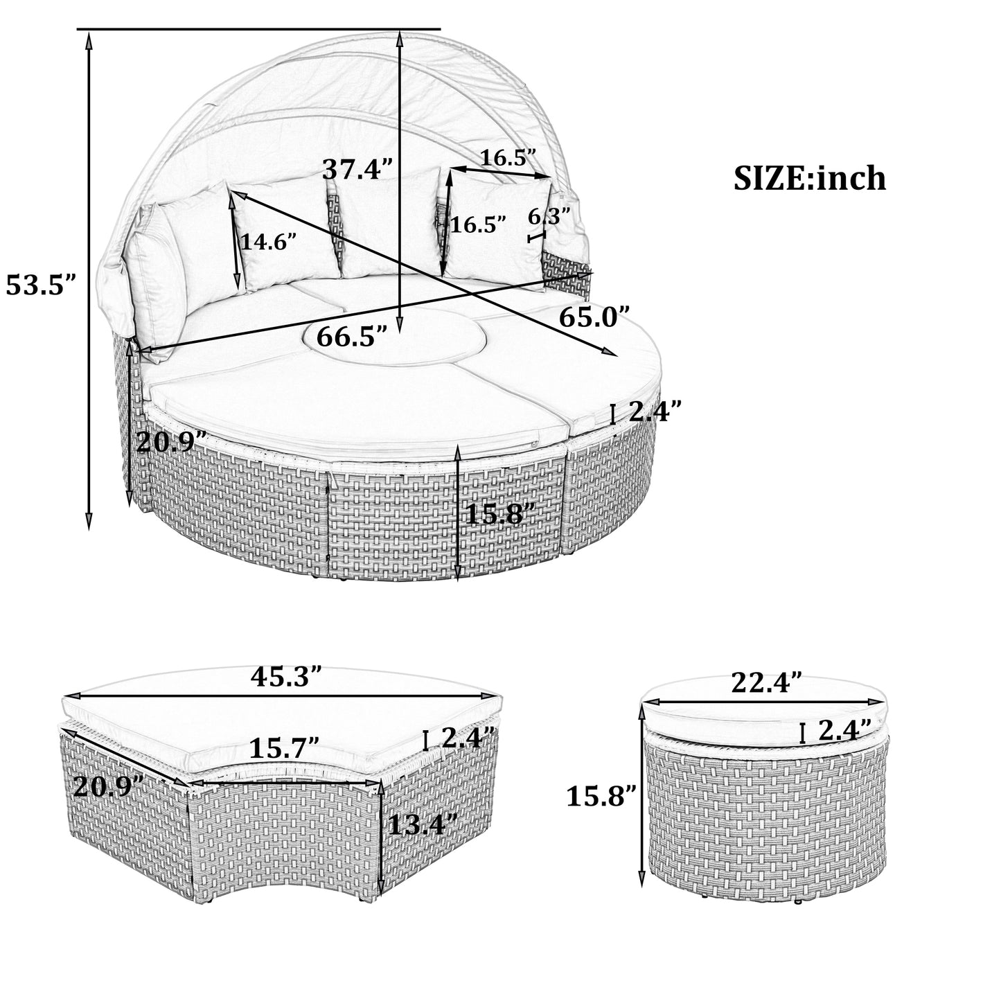 TOPMAX Patio Furniture Round Outdoor Sectional Sofa Set Rattan Daybed Two-Tone Weave Sunbed with Retractable Canopy, Separate Seating and Removable Cushion, Gray