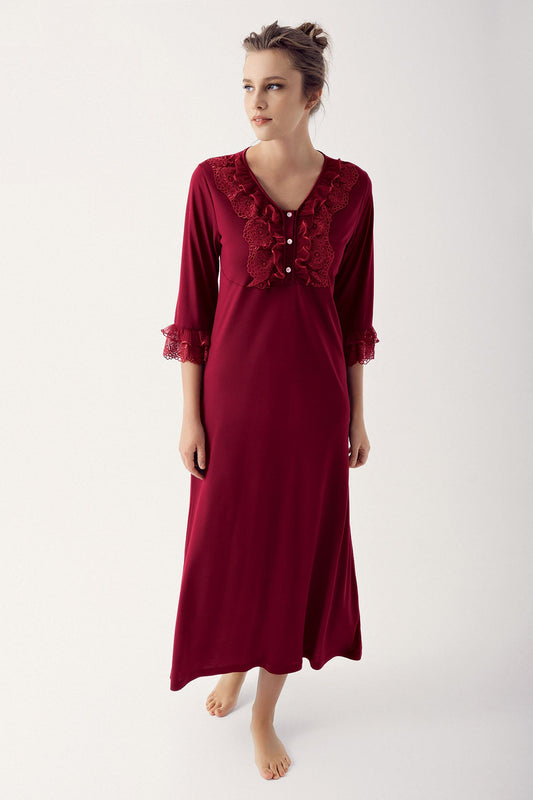 Shopymommy 14103 Leaf Lace Maternity & Nursing Nightgown Claret Red-0