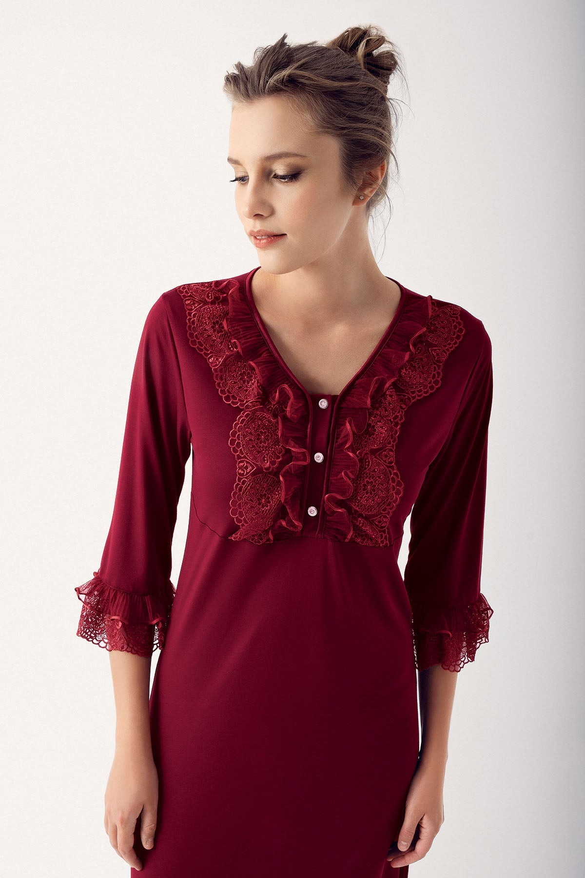 Shopymommy 14103 Leaf Lace Maternity & Nursing Nightgown Claret Red-1