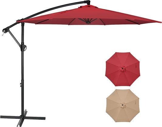 10ft Offset Umbrella Cantilever Patio Hanging Umbrella Outdoor Market Umbrella with Crank & Cross Base Suitable for Garden, Lawn, backyard and Deck, Red