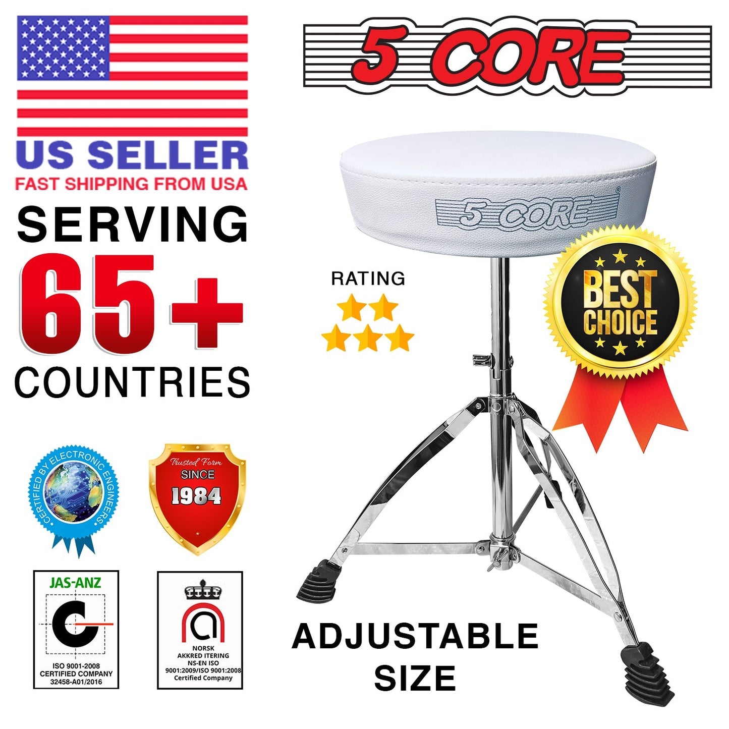 5Core Drum Throne Guitar Stool Thick Padded Drummers Chair Piano Seat Chrome White-18