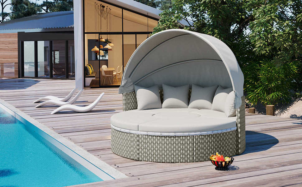 TOPMAX Patio Furniture Round Outdoor Sectional Sofa Set Rattan Daybed Two-Tone Weave Sunbed with Retractable Canopy, Separate Seating and Removable Cushion, Gray