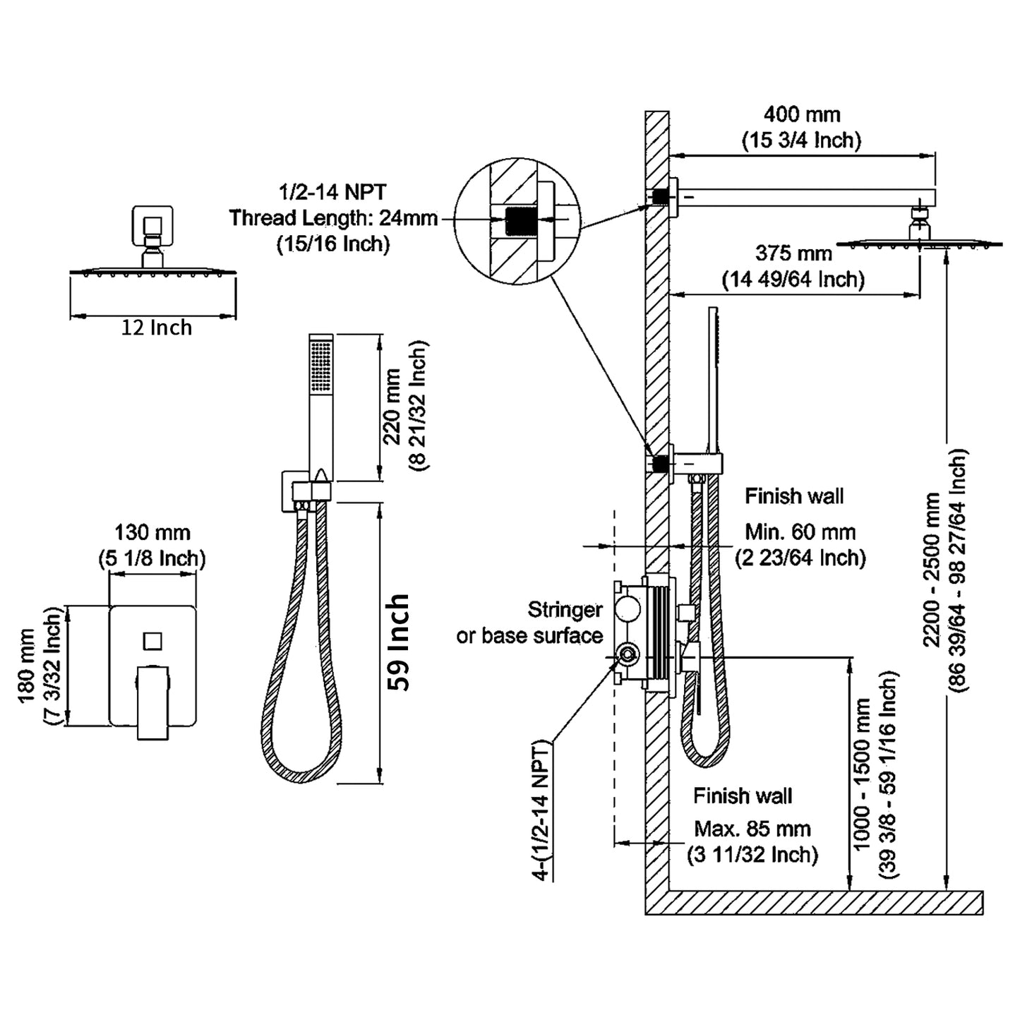 Shower System Shower Faucet Combo Set Wall Mounted with 12" Rainfall Shower Head and handheld shower faucet, Matt Black Finish with Brass Valve Rough-In