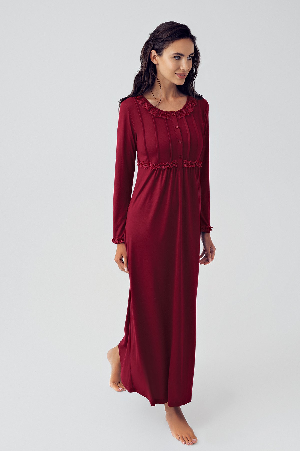 Shopymommy 15121 Guipure Collar Plus Size Maternity & Nursing Nightgown Claret Red-0