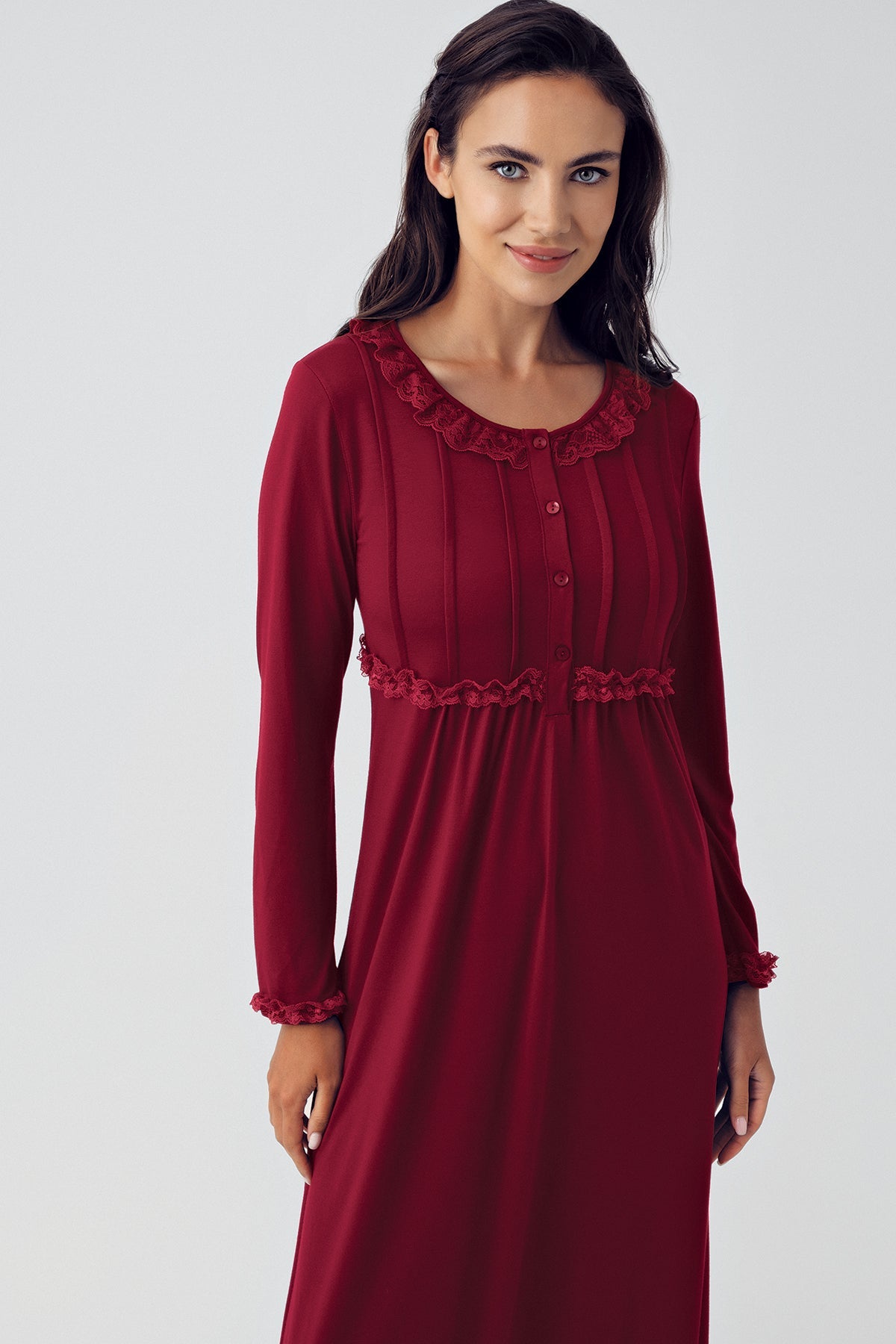 Shopymommy 15121 Guipure Collar Plus Size Maternity & Nursing Nightgown Claret Red-1