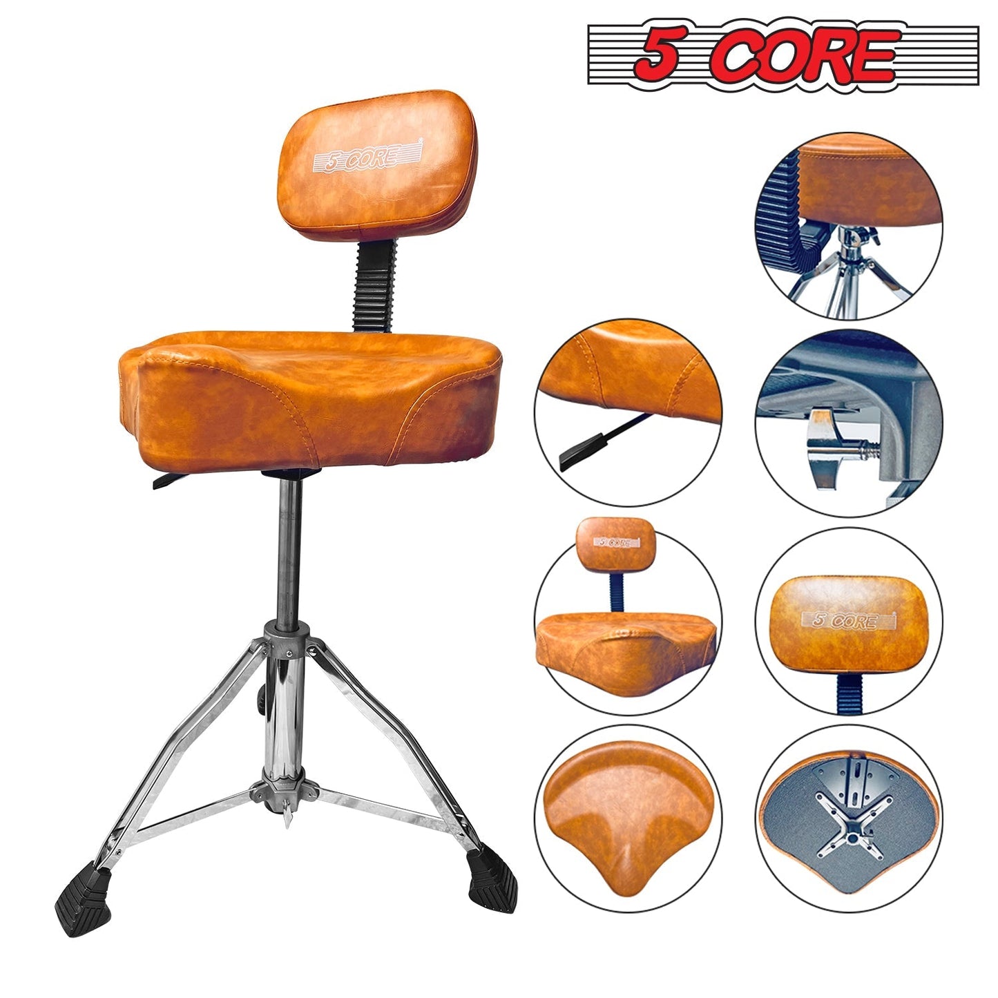 5Core Drum Throne Back Rest Guitar Stool Thick Padded Drummers Chair Seat Chrome Brwn-14