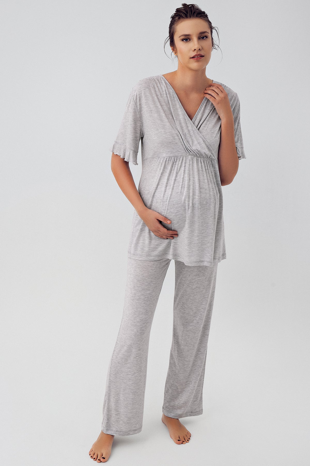 Shopymommy 409209 Flywheel Arm Double Breasted 4 Pieces Maternity & Nursing Set Grey-2