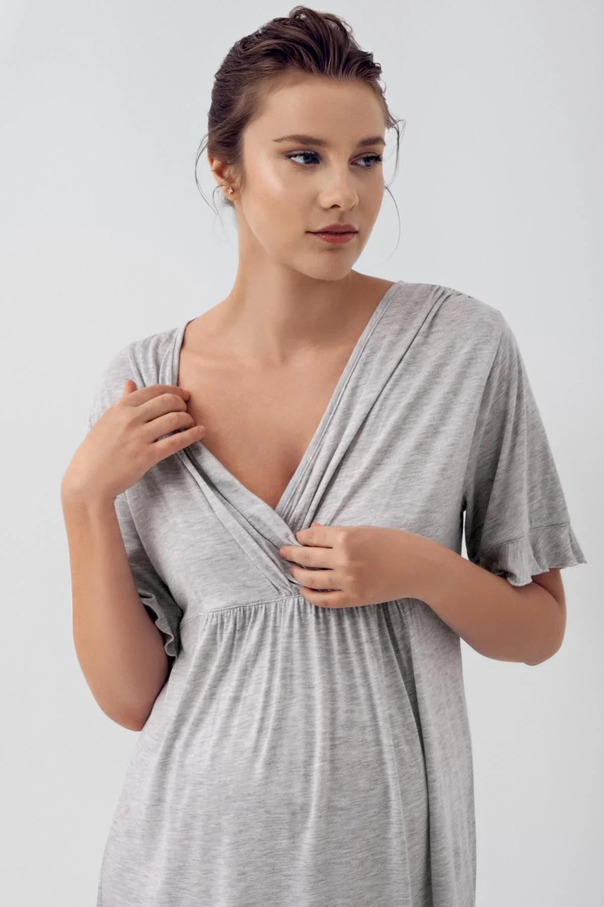 Shopymommy 409209 Flywheel Arm Double Breasted 4 Pieces Maternity & Nursing Set Grey-3