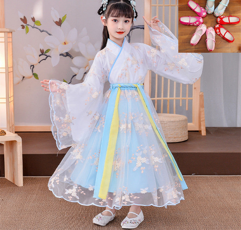 Color: Blue, style: With shoes-150cm, Child size:  - Chinese Style Dress Children's Long-Sleeved Antique Skirt