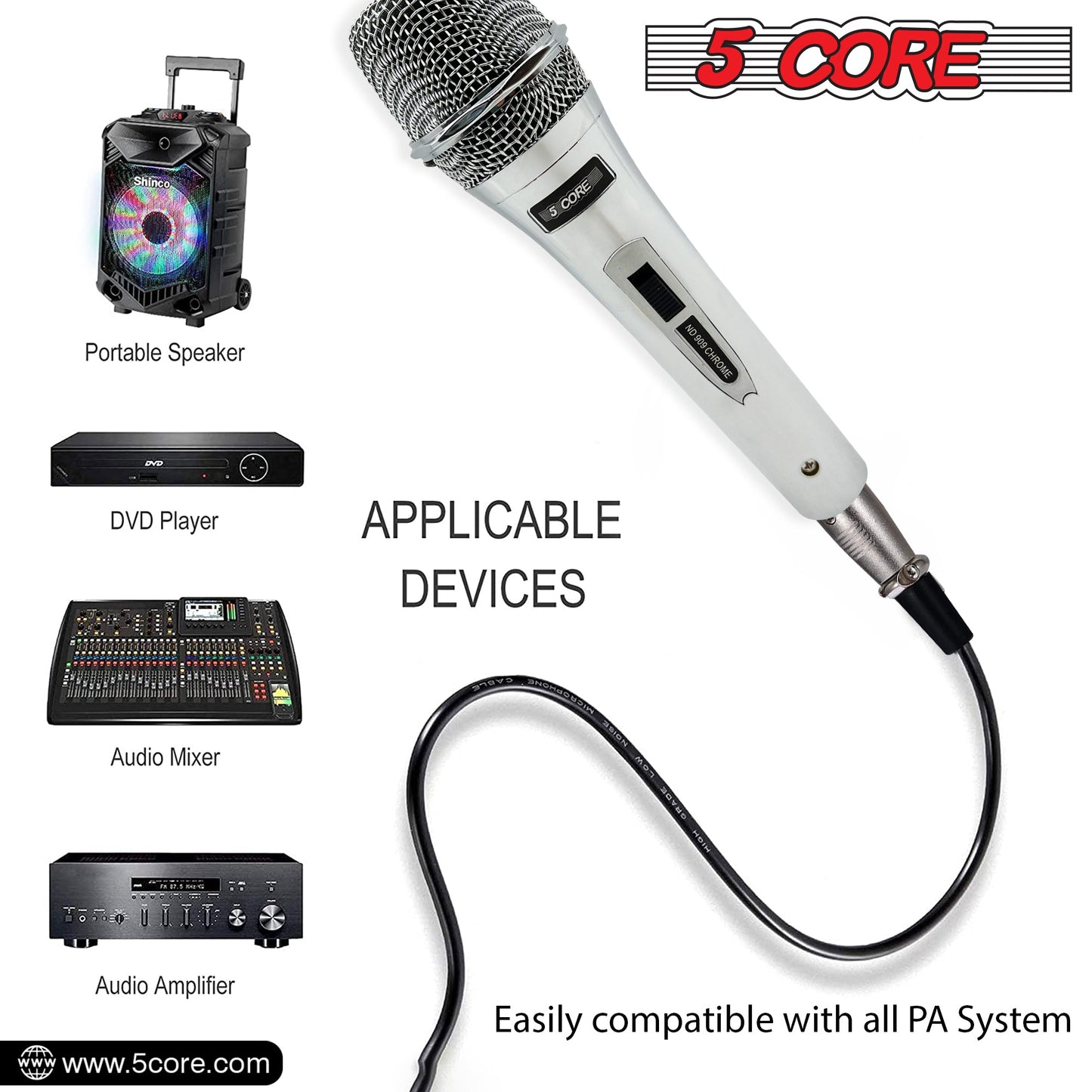 5 Core 4 Pieces Microphone Pro Microfono Dynamic Mic XLR Audio Cardiod Vocal Karaoke ND 909 CHROME 4PCS-12