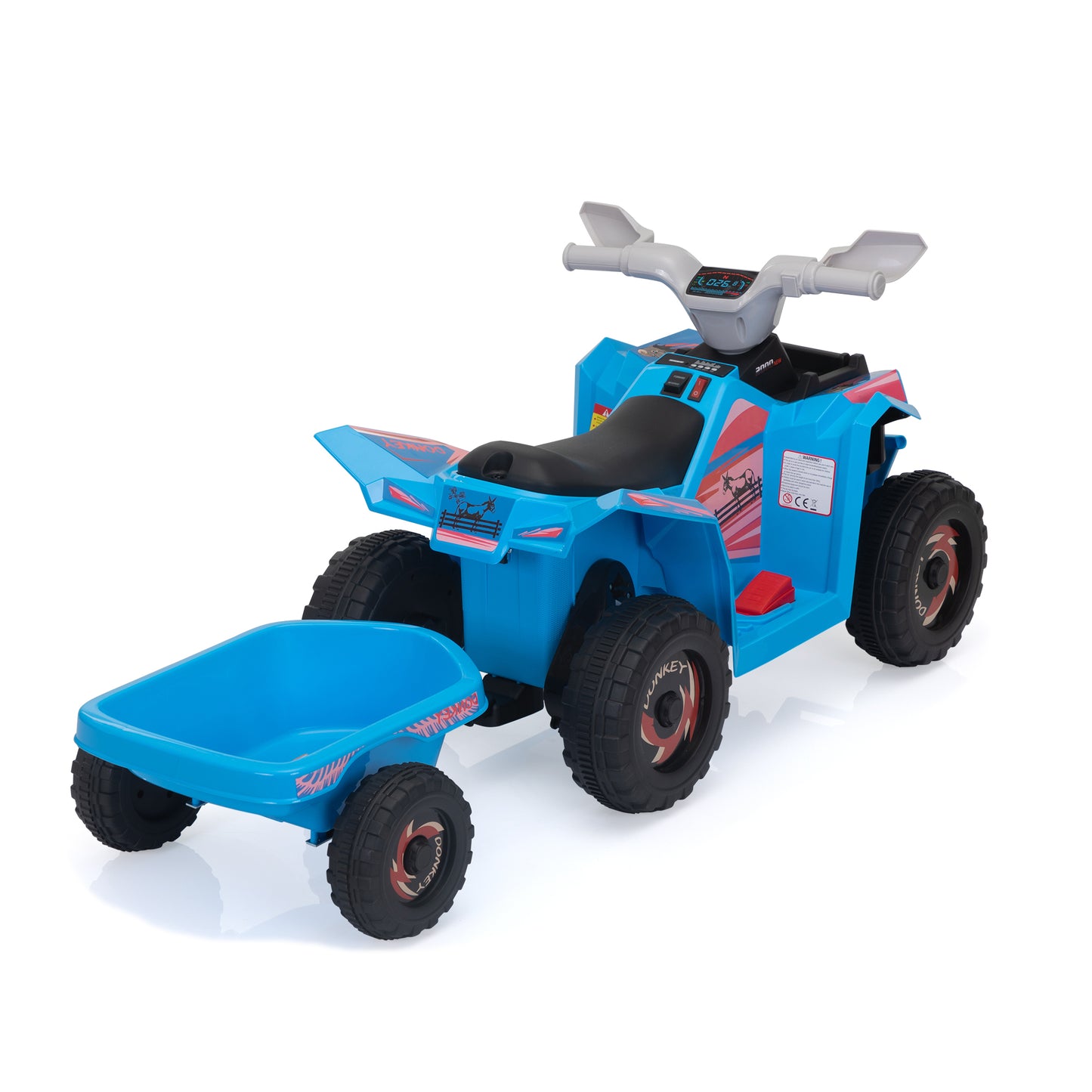 6V Kids Electric ATV, Toddler Ride on Car with Trailer, Music, Bluetooth and Power Display for Boys and Girls, Blue