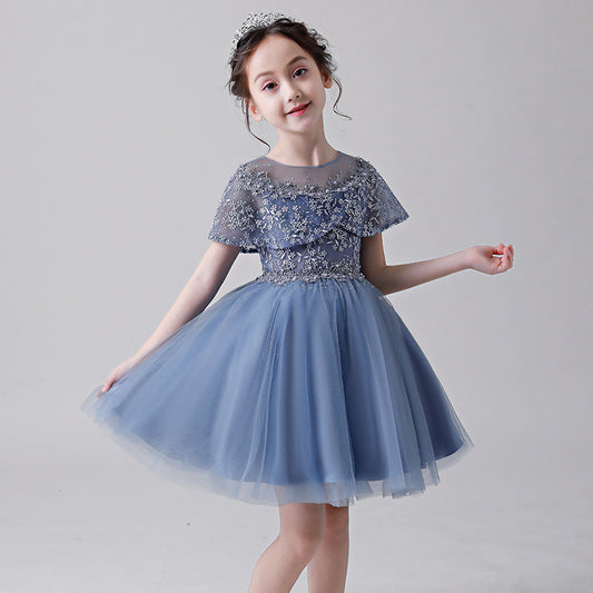 Color: Blue short, Size: 140cm - Children's dress 2021 new puffy yarn piano costume host