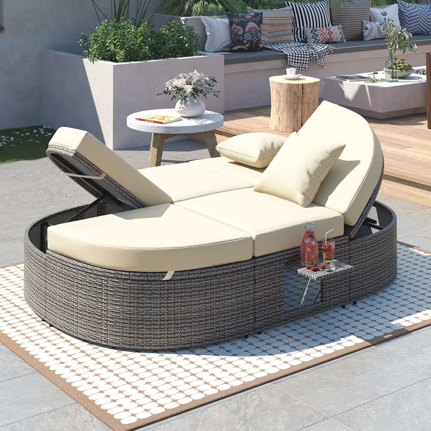 TOPMAX Outdoor Sun Bed Patio 2-Person Daybed with Cushions and Pillows, Rattan Garden Reclining Chaise Lounge with Adjustable Backrests and Foldable Cup Trays for Lawn, Poolside, Beige