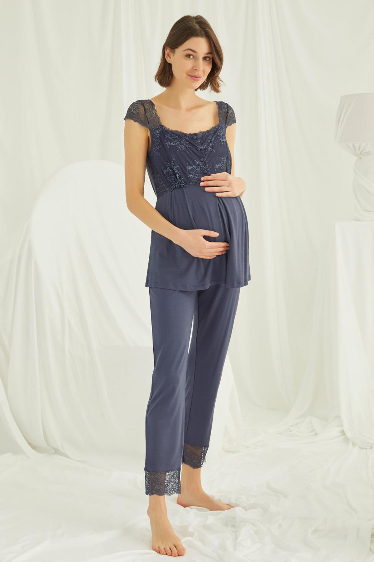 Shopymommy 18211 Lace 3-Pieces Maternity & Nursing Pajamas With Robe Navy Blue-1