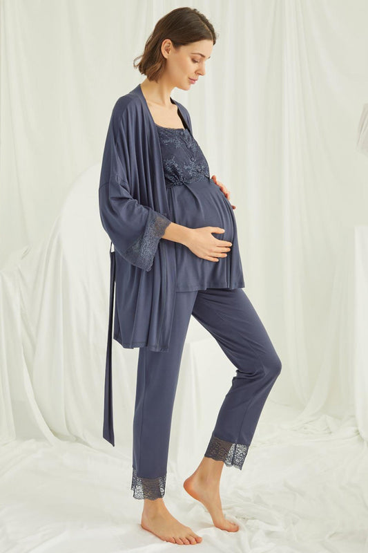 Shopymommy 18211 Lace 3-Pieces Maternity & Nursing Pajamas With Robe Navy Blue-0