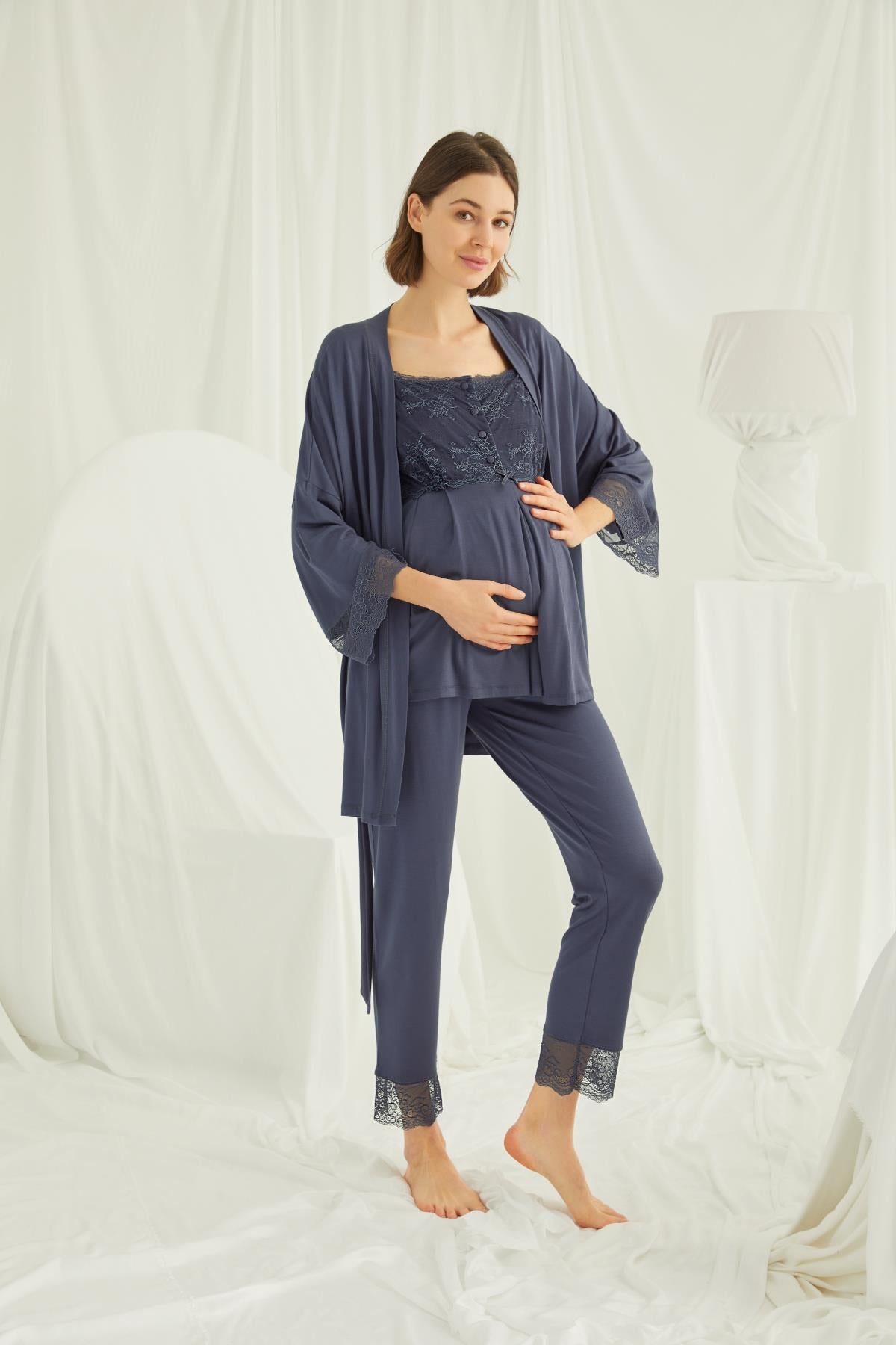 Shopymommy 18211 Lace 3-Pieces Maternity & Nursing Pajamas With Robe Navy Blue-4