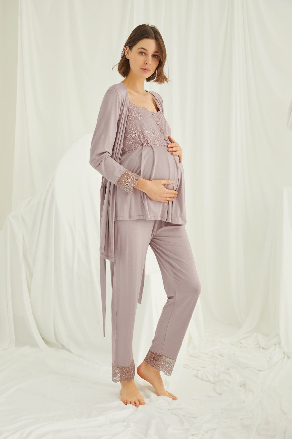 Shopymommy 18441 Lace 3-Pieces Maternity & Nursing Pajamas With Robe Coffee-1