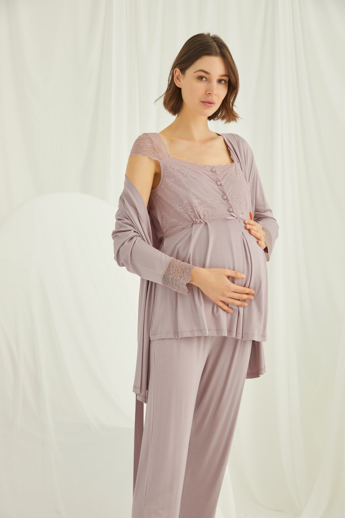 Shopymommy 18441 Lace 3-Pieces Maternity & Nursing Pajamas With Robe Coffee-2