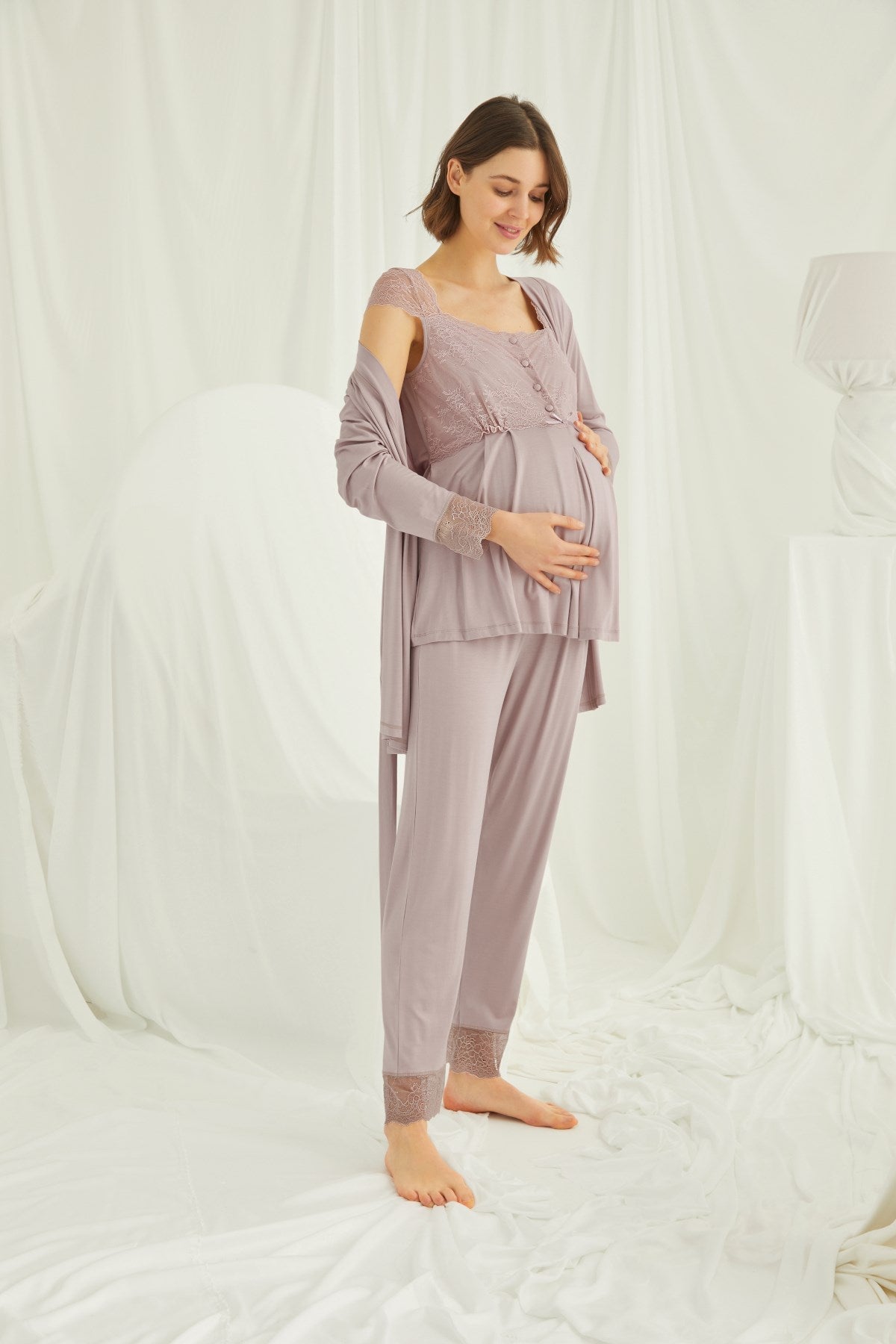 Shopymommy 18441 Lace 3-Pieces Maternity & Nursing Pajamas With Robe Coffee-3