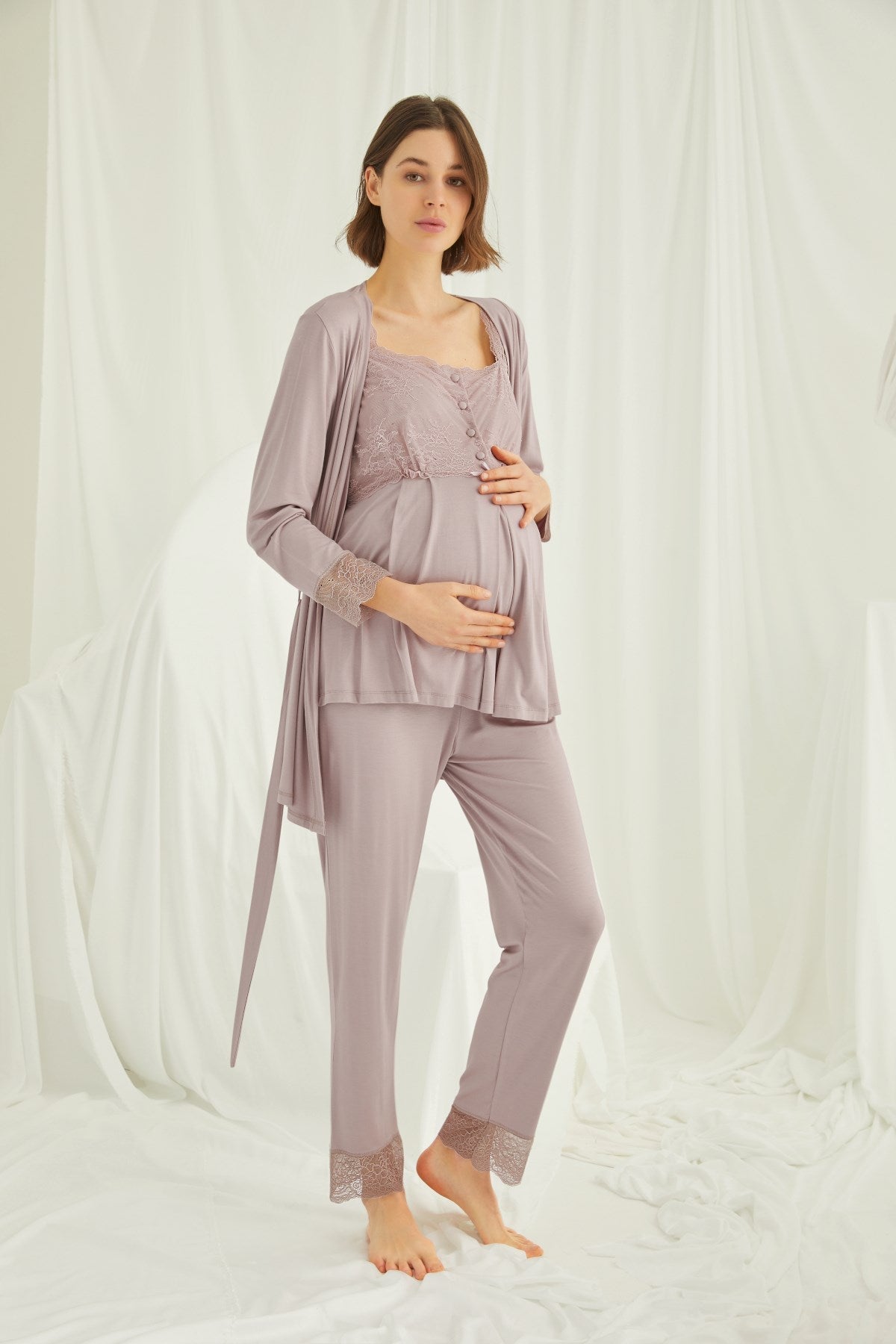 Shopymommy 18441 Lace 3-Pieces Maternity & Nursing Pajamas With Robe Coffee-0