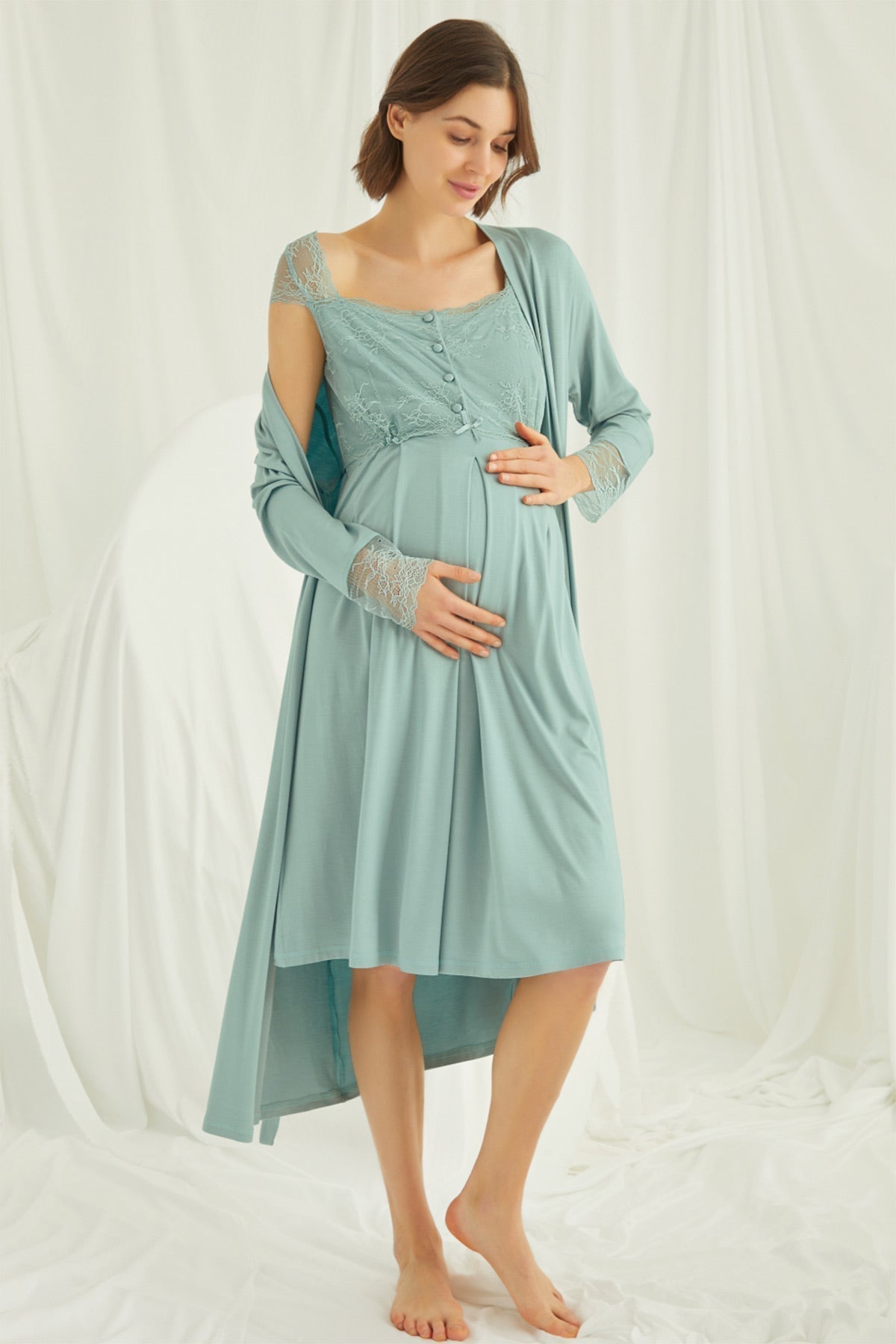 Shopymommy 18467 Lace Maternity & Nursing Nightgown With Robe Set Green-2