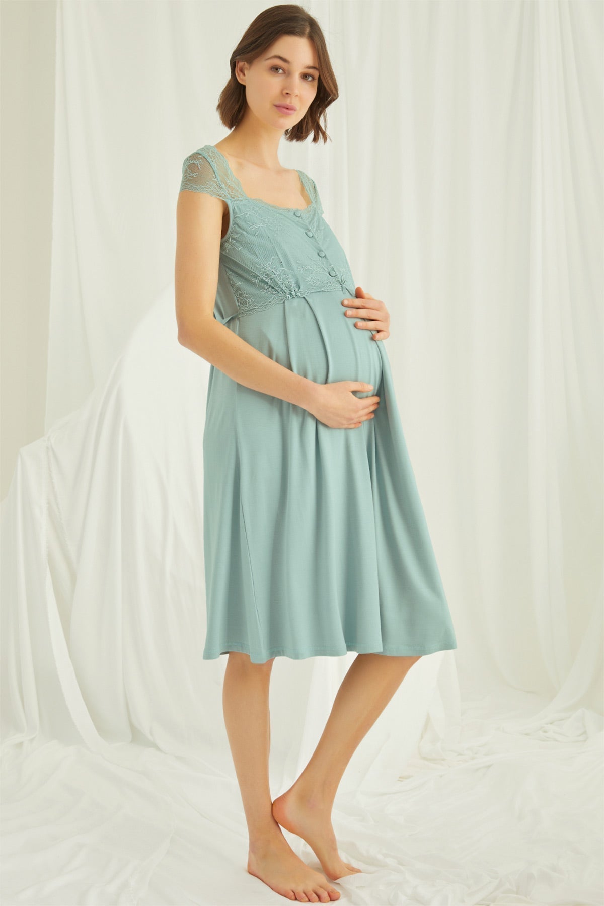 Shopymommy 18467 Lace Maternity & Nursing Nightgown With Robe Set Green-1