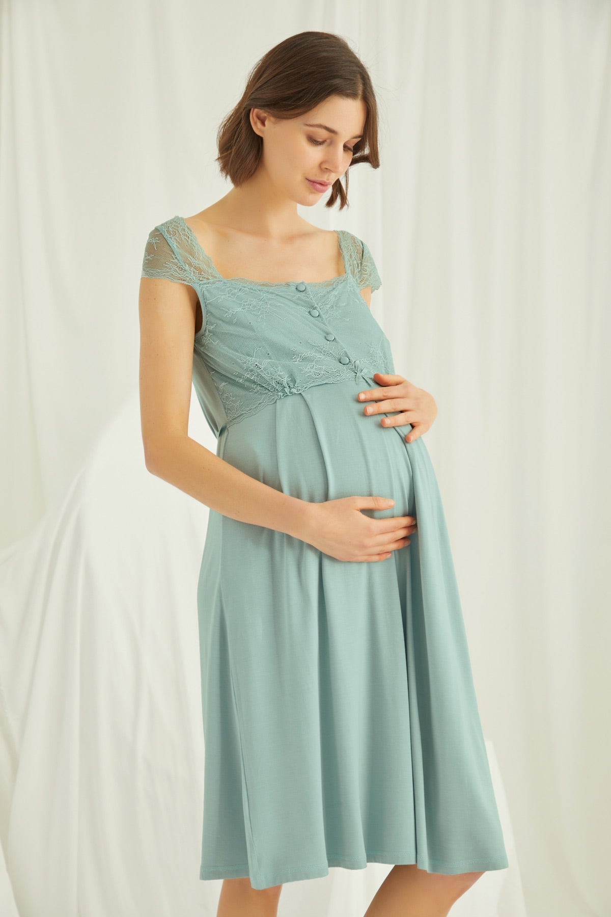 Shopymommy 18467 Lace Maternity & Nursing Nightgown With Robe Set Green-4