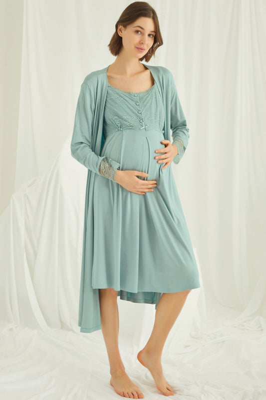 Shopymommy 18467 Lace Maternity & Nursing Nightgown With Robe Set Green-0