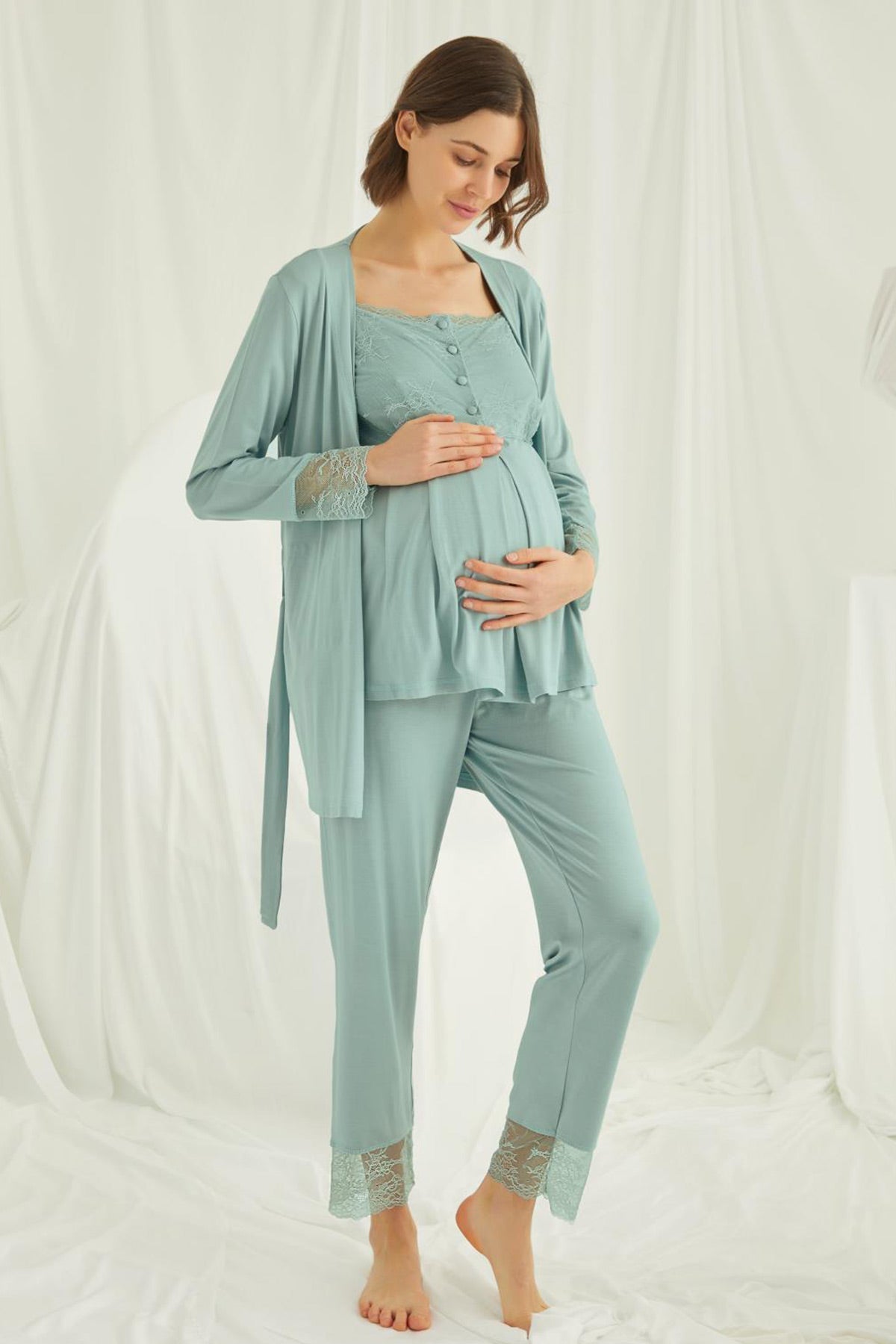 Shopymommy 18468 Lace 3-Pieces Maternity & Nursing Pajamas With Robe Green-0