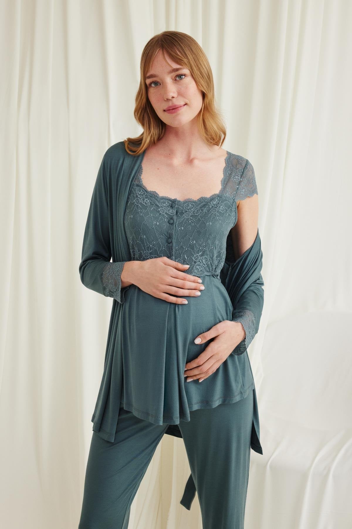 Shopymommy 18535 Lace 3-Pieces Maternity & Nursing Pajamas With Robe Green-4