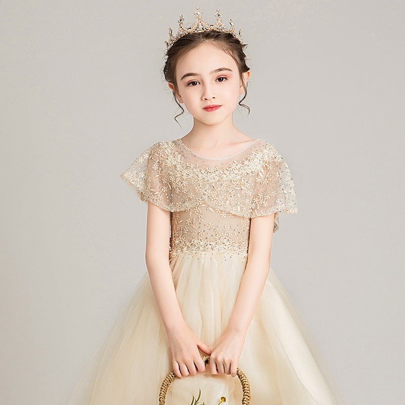 Color: Champagne, Size: 100cm - Children's dress 2021 new puffy yarn piano costume host