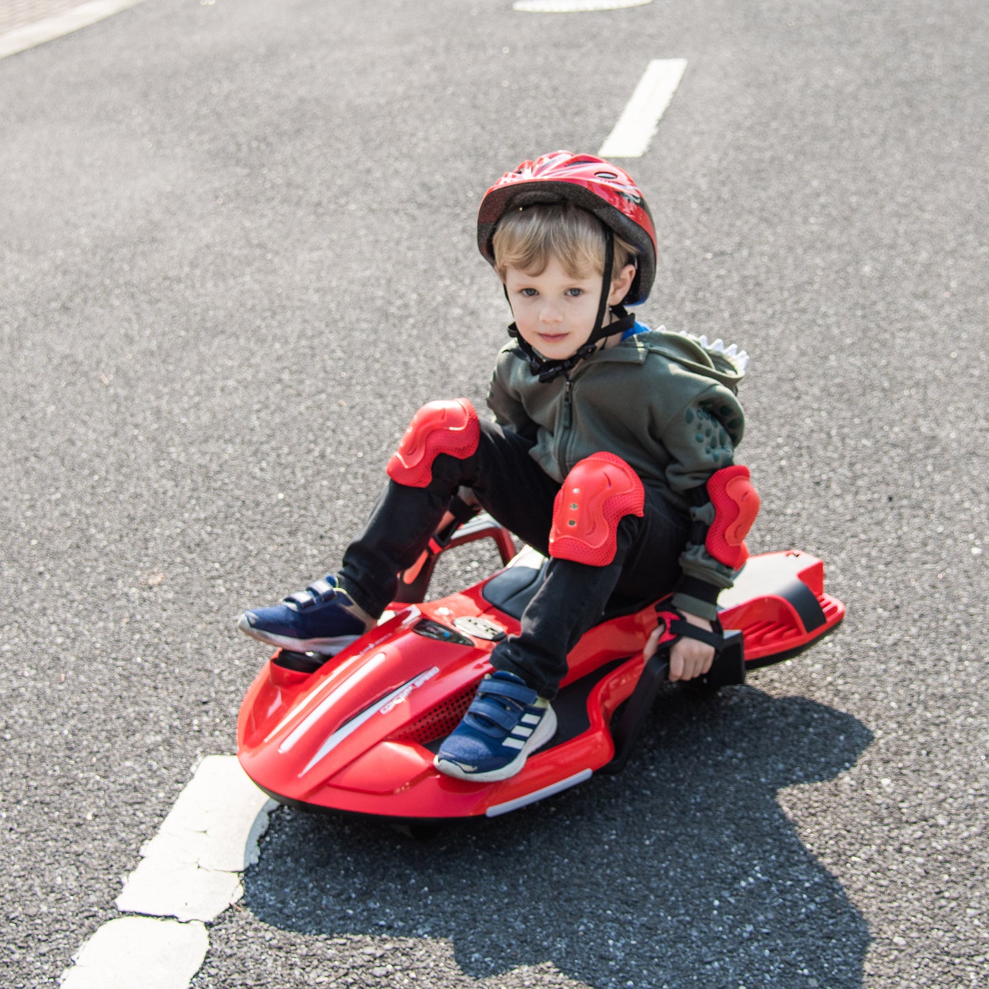 24V Kids Ride On Electric scooter w/ helmet knee pads,24v ride on toy for kids,Spray function,200w motor,5.59-6.84MPH,Gravity Steering,Bluetooth,Use for 1-2 hours,Exercise your child age 6+.