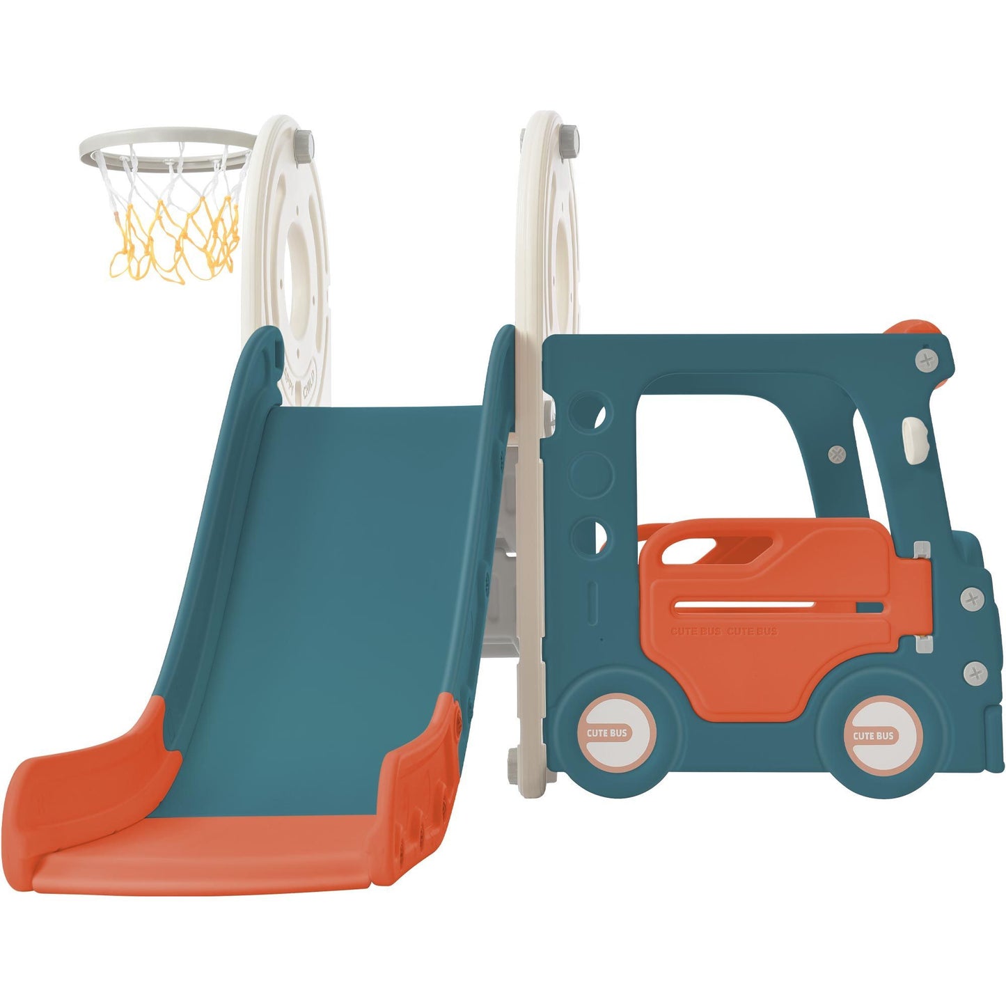 Kids Slide with Bus Play Structure, Freestanding Bus Toy with Slide for Toddlers, Bus Slide Set with Basketball Hoop